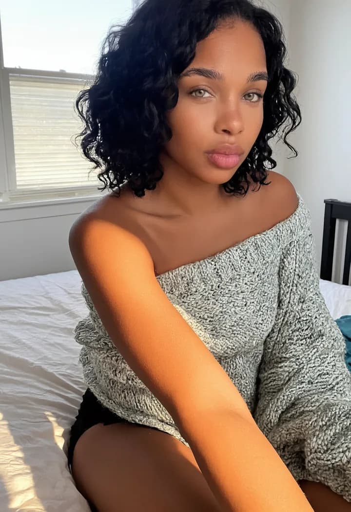 Maya, consistent AI creator — Bedroom · knit sweater